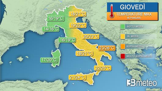 Temperature massime giovedì 2 maggio