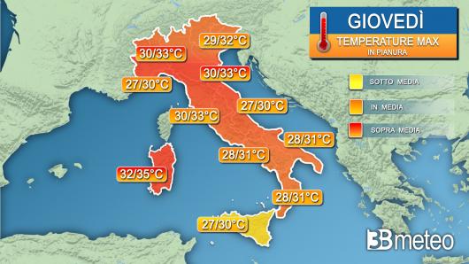 Temperature massime giovedì 25 agosto