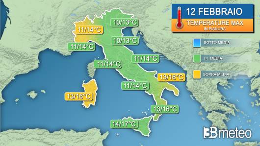 Temperature massime lunedì 12 febbraio