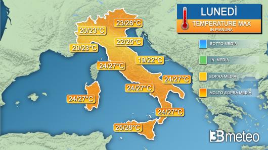 Temperature massime lunedì 29 aprile