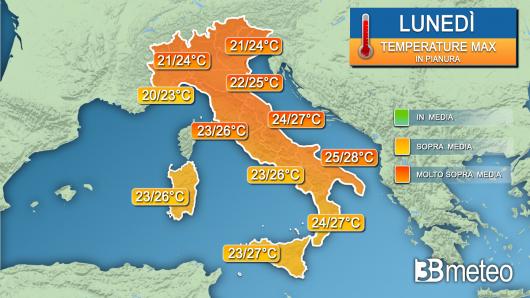 Temperature massime lunedì 31 ottobre