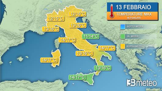 Temperature massime martedì 13 febbraio