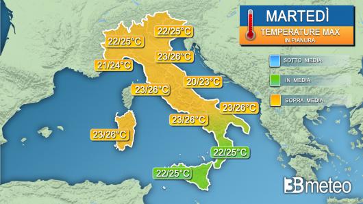Temperature massime martedì 18 ottobre