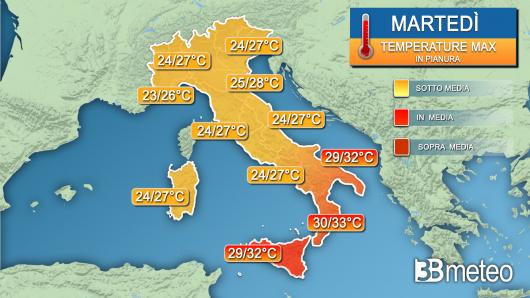 Temperature massime martedì