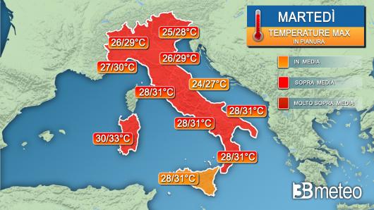 Temperature massime martedì