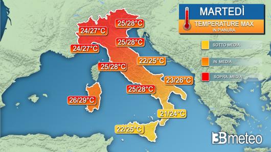 Temperature massime martedì