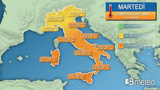 Temperature massime martedì