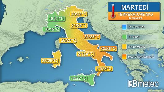 Temperature massime martedì