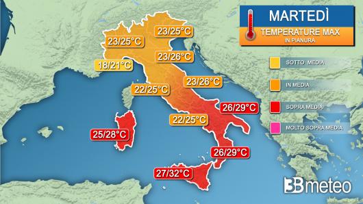 Temperature massime martedì
