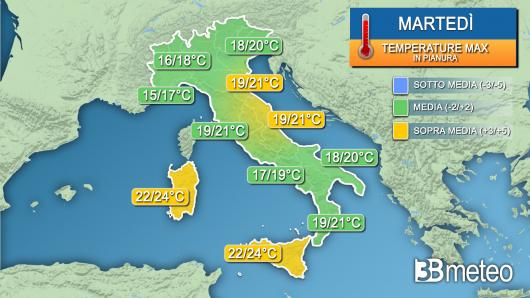Temperature massime martedì