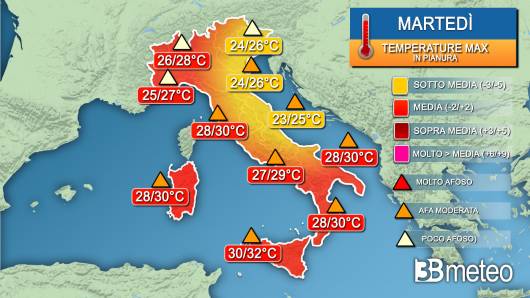 Temperature massime martedì