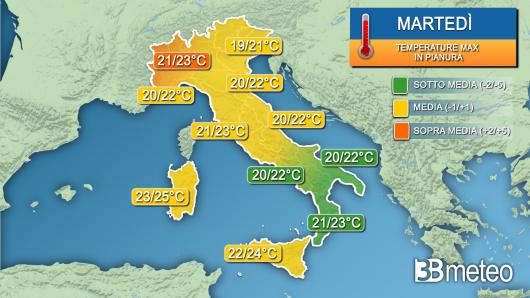 Temperature massime martedì