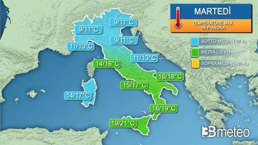 Temperature massime martedì