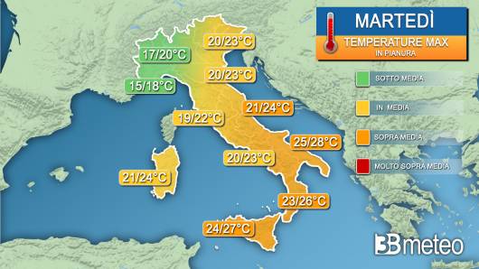 Temperature massime martedì 7 maggio
