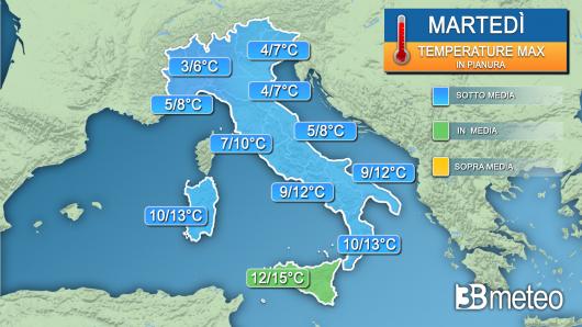 Temperature massime martedì 9 gennaio
