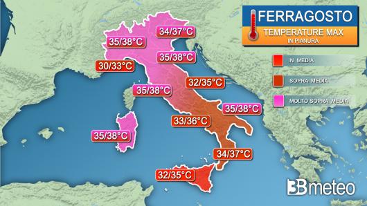 Temperature massime martedì Ferragosto