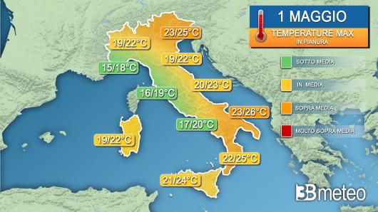 Temperature massime mercoledì 1 maggio