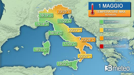 Temperature massime mercoledì 1 maggio