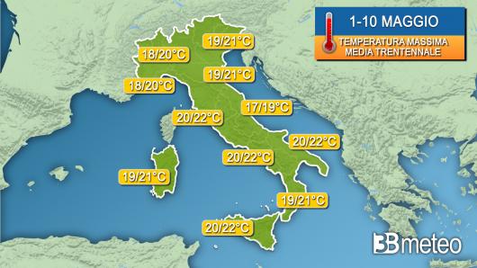Temperature massime per la prima decade di maggio previste dalla media trentennale