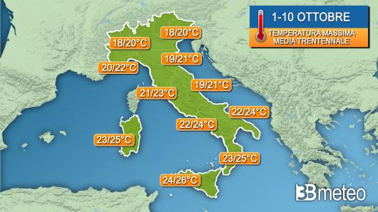 Temperature massime per la prima decade di ottobre secondo la media trentennale