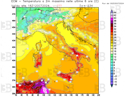 Temperature massime previste da ECMWF per sabato 12 ottobre