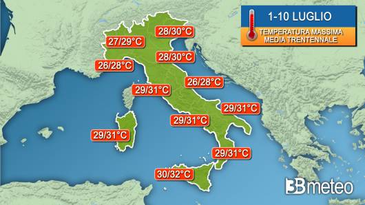 temperature massime previste dalla media trentennale per la prima decade di luglio