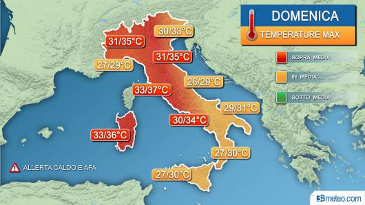 Temperature massime previste domenica