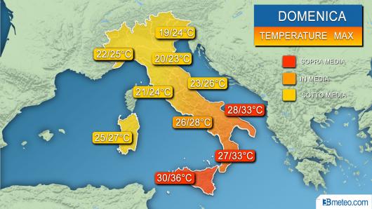Temperature massime previste domenica