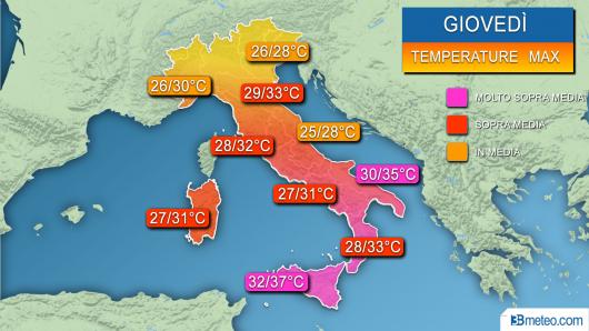 Temperature massime previste giovedì