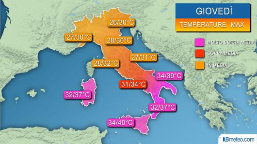 Temperature massime previste giovedì