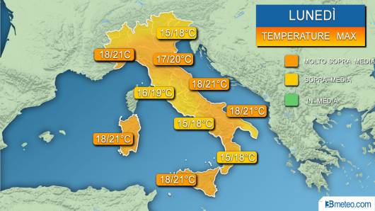 Temperature massime previste lunedì