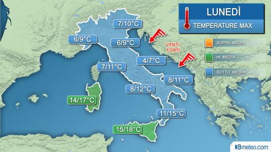 Temperature massime previste lunedì