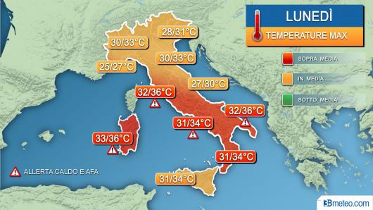 Temperature massime previste lunedì