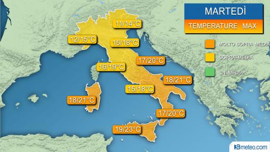 Temperature massime previste martedì