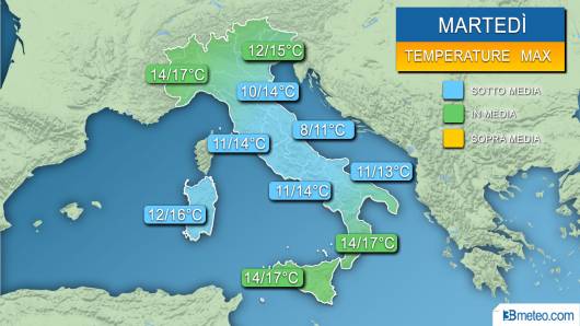 Temperature massime previste martedì