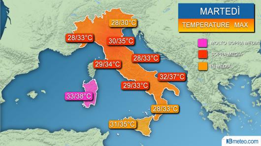 Temperature massime previste martedì