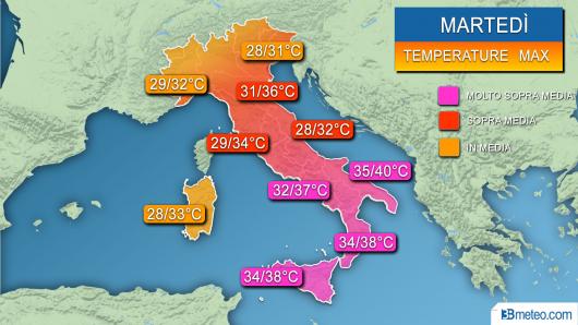 Temperature massime previste martedì
