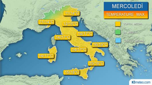 Temperature massime previste mercoledì