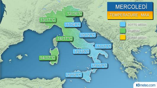 Temperature massime previste mercoledì