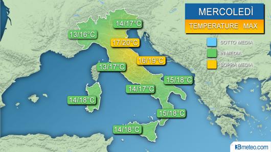 Temperature massime previste mercoledì