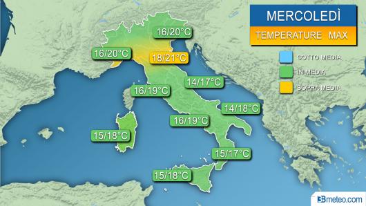 Temperature massime previste mercoledì