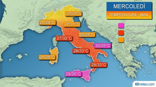 Temperature massime previste mercoledì