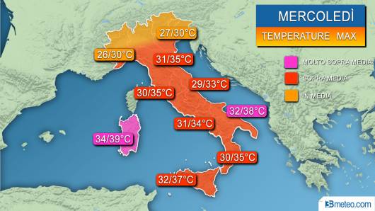 Temperature massime previste mercoledì