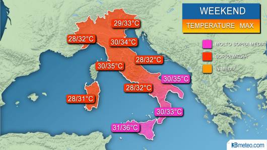 Temperature massime previste nel weekend
