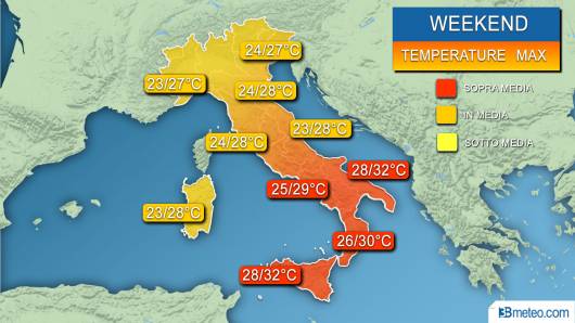 Temperature massime previste nel weekend 8-9 giugno 