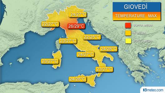 Temperature massime previste nella giornata di giovedì