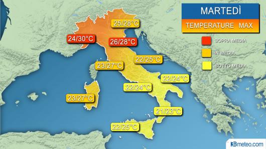 Temperature massime previste nella giornata di martedì