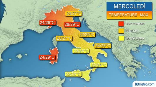 Temperature massime previste nella giornata di mercoledì