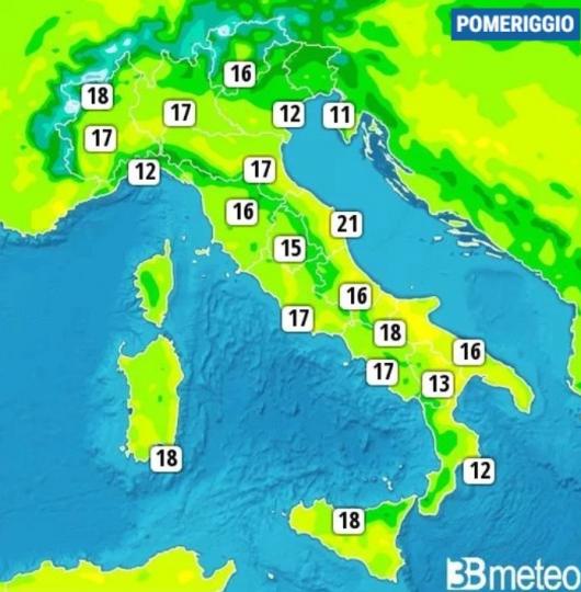 Temperature massime previste per domenica