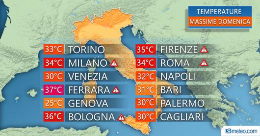 Temperature massime previste per domenica